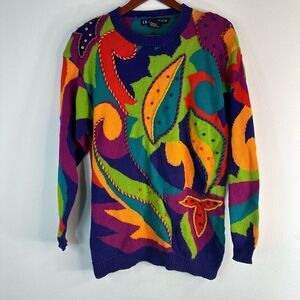 Vintage I.B. Diffusion Colorful 3D Knit Sweater Small Art To Wear 90s Pop Art